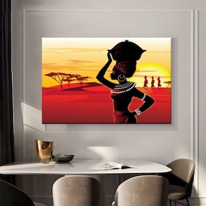 African Women with Sun Wall Art / African Woman Canvas Print /African American Wall Decor/African Woman Make Up Decor/African Woman Painting