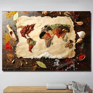 Affiche carte du monde aux épices/art sur toile carte du monde/peintures de carte personnalisées/grande oeuvre d'art murale/art de la cuisine/affiches de cuisine aux épices/décorations de salle à manger