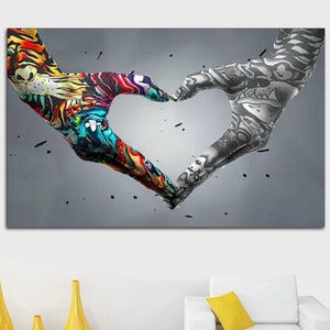 Graffiti Tattoo Heart Sign Hands Wall Art / Graffiti Canvas Painting/ Punch Hands Canvas Print/ Trendy Wall Art Posters /Tattoo Hands Canvas