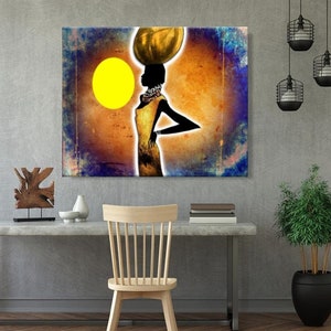 Arte mural de mujeres africanas con sol / Impresión en lienzo de mujer africana / Decoración de pared afroamericana / Decoración de maquillaje de mujer africana / Pintura de mujer africana