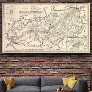 Great Smoky Mountains Canvas Wall Art /NATIONAL PARK 1940 Vintage bergkaart Poster/restauratie Decor/antieke muurkunst/USA Vintage kaart kunst