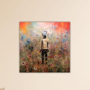May include: A painting of a person standing in a field of flowers. The person is wearing a white shirt and has a round object on their head. The background is a colorful abstract painting.