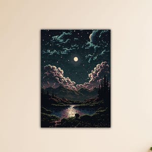 Arte de pared con reflejo de luz de luna y mar, lienzo de regalo, arte de pared para inauguración de la casa, decoración de pared para sala de estar, arte, pintura de cielo con luz de luna, vista de luna