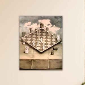 May include: A surrealist painting of a chessboard with chess pieces on it. The board is tilted at an angle, and the pieces are arranged in a way that suggests they are climbing a ladder. The painting is set against a background of clouds.