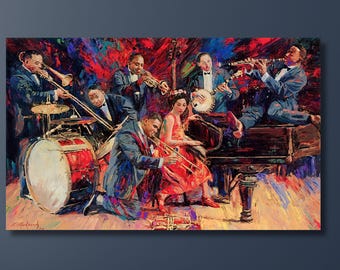 May include: A colorful painting of a jazz band playing music. The band includes a drummer, a saxophonist, a trumpet player, a pianist, and a singer. The painting is done in a vibrant style with bold colors and brushstrokes.