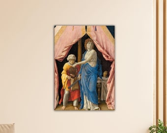 May include: A framed print of a Renaissance painting. The artwork depicts three figures under a draped canopy. One figure is dressed in blue, another in yellow and red. The painting has a classical theme.