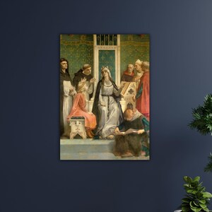 May include: A framed painting showing a medieval queen in a crown, seated on a throne, surrounded by figures in robes. The artwork features rich colours, detailed clothing, and a historical theme.