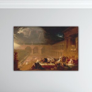 May include: A framed print of an oil painting depicting a dramatic scene with figures gathered in a classical setting. The artwork features a dark, stormy sky and warm, golden tones.