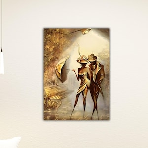Póster de pareja con paraguas dorado, arte de pared abstracto de amor bajo el paraguas, regalo de San Valentín.