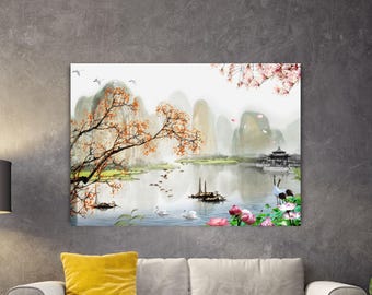 Japanese Landscape Canvas Cloud and Sunrise Wall Art Japan Print Japanese Painting of Pine Trees Gift Of Living Room Wall Decor Modern Art
