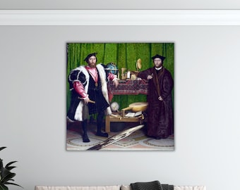 May include: A framed print of a Renaissance-era painting featuring two men in elaborate attire. One man wears a black and white coat with pink sleeves, holding a staff. The other man is in a dark purple robe. A table with a globe and musical instruments is in the background.