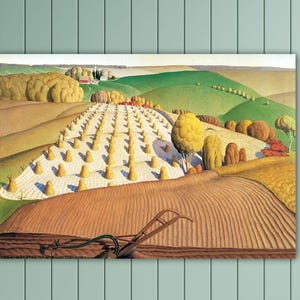May include: A painting of a rural landscape with rolling hills, fields of hay bales, and a farmhouse in the distance. The colors are muted and earthy, with shades of green, brown, and yellow.