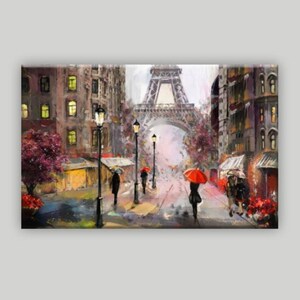 May include: A painting depicting a Parisian street scene with the Eiffel Tower in the background. The street is lined with buildings and lampposts, and people are walking with red umbrellas. The painting is executed in a colourful, impressionistic style.