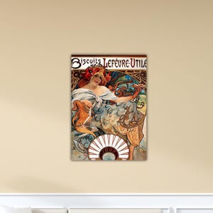 May include: A vintage art nouveau print featuring a woman with red hair and a floral headdress. The artwork showcases a woman in a flowing dress, holding a biscuit. The print includes the text "Biscuits Lefèvre-Utile" in a decorative banner.