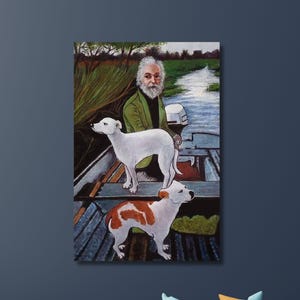 May include: A painting shows a man with a white beard in a boat with two dogs. One dog is white, and the other is white with brown markings. The background shows a waterway and trees.