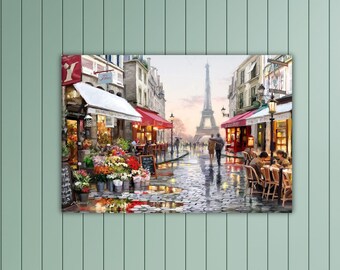 May include: A painting depicting a Parisian street scene with the Eiffel Tower in the background. The street is lined with shops and cafes, and people are walking and sitting outside. The painting is executed in a realistic style with vibrant colours.