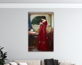 May include: A framed painting depicts a woman in a long red dress holding a crystal ball. She stands near a table with a skull and open book. The background includes a window with a view of trees and a checkered floor.