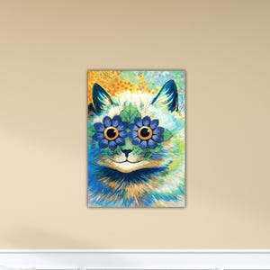 Può includere: Un ritratto colorato di un gatto con tonalità blu, verdi e gialle. Gli occhi del gatto sono sostituiti da occhiali a forma di fiore blu. L'opera d'arte è esposta su un muro, aggiungendo un tocco di fantasia.