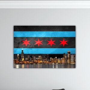 Chicago Flag Skyline Wall Art Chicago Flag Skyline Canvas Chicago Poster Chicago Printing Gift Living Room Wall Decor Art Chicago Flag Paint