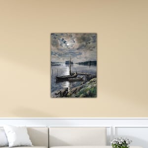 Anna Gardell-Ericson - Boat Harbor in The Moonlight Wall Art Ericson Canvas Gardell Poster Gift Of Home Wall Decor Paint Anna Ericson Print