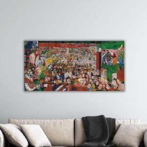 May include: A large, rectangular painting depicting a crowd of people in a colorful, impressionistic style. The artwork features a vibrant mix of reds, greens, blues, and yellows, with figures and flags. The painting is mounted on a wall above a sofa.