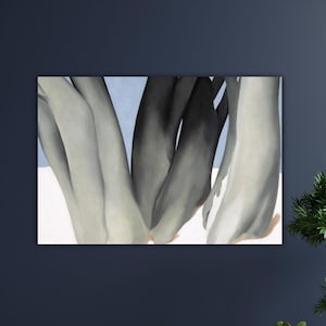 May include: Abstract art print featuring a close-up of several flower petals in shades of gray and black, with a light blue background. The artwork is mounted on a dark blue wall.