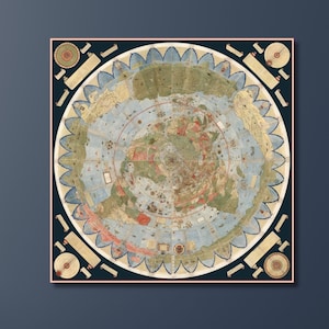 Platte aardekaart door Monte Urbano 1587 Canvas Monte Urbano poster grote wereldkaart muurkunst 15e-eeuwse oude kaart platte aardekaart verf kantoorkunst