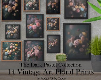 Set di 14 stampe artistiche da parete floreali pastello vintage / Download digitale di opere d'arte botaniche / Decorazioni romantiche in stile cottage / Poster floreali stampabili