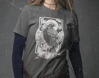 Womens Shirt - Crow Tee - Hand Print - Dual-Blend - Raven Print - Women&#39;s T-Shirts - Eco Fashion - Slow Fashion - Bird Shirt - Gift For Her