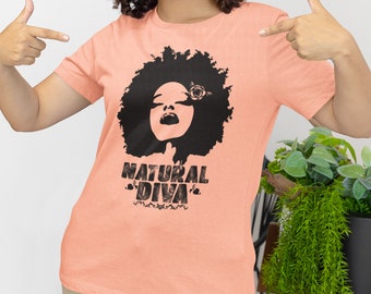 Natuurlijk diva-T-shirt, zwart haar, afrocentrische vrouwen
