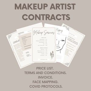 May include: A set of printable documents for makeup artists. The documents include a price list, terms and conditions, an invoice, a face mapping chart, and COVID-19 protocols.