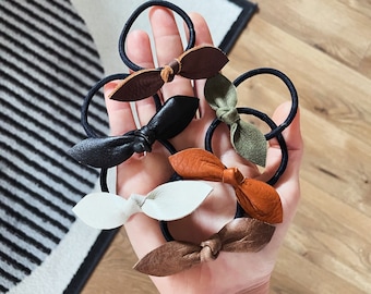 Leather Hair Bow Ties | Hair Ties | Elastic Black Hair Ties | Bows |Hair Accessories | Black | Brown | Green | Cognac | White Shimmer