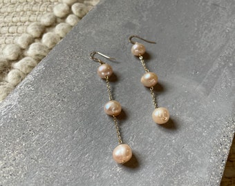 Peach Freshwater Pearl Earrings | 14K Gold Filled Pearl Dangles | Freshwater Pearls | Light Peach | Pink Pearls | Gold Filled Pearl Earrings