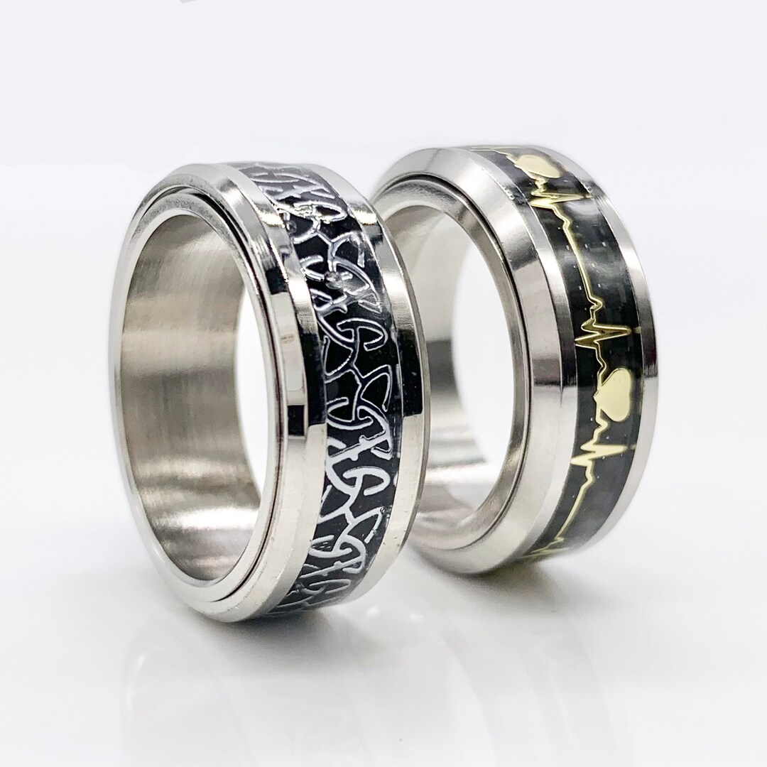 Spinner Ring Mens 8mm With Carbon Fibers Art, Rotating Ring for