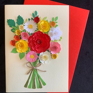 Carta quilling fatta a mano, carta con fiori di carta, carta 3D, carta con penna, "Fleurs Rouges", carta XL