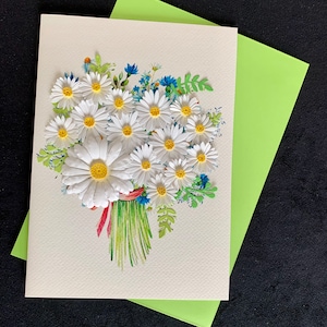 Handgemachte Quilling-Karte, Papierblumen Karte, 3D-Karte, Quill Karte, “Wild Daisy Bunch” (Cream Paper), XL Karte