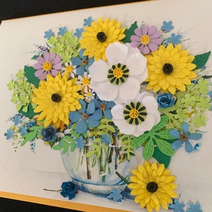 Handgemaakte filigraankaart, papieren bloemenkaart, XL, 3D-kaart, ganzenveerkaart, 'Fleurs Du Matin'