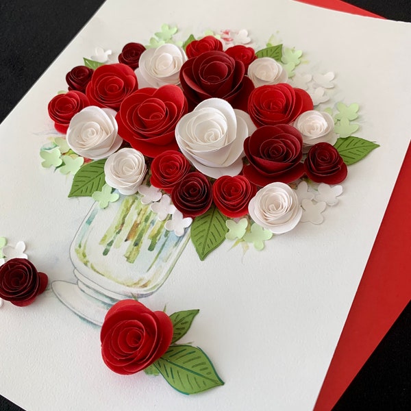 Paper Flower Card, Handmade Quilling Card, Pop Card, 3D Card, Wedding Card, Anniversary Card, Valentines Card, Birthday Card, Red Roses