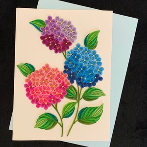 Carta quilling fatta a mano, carta ortensia, carta quilling, carta fiore di carta, carta 3d, carta penna, "Tre ortensie", carta XL