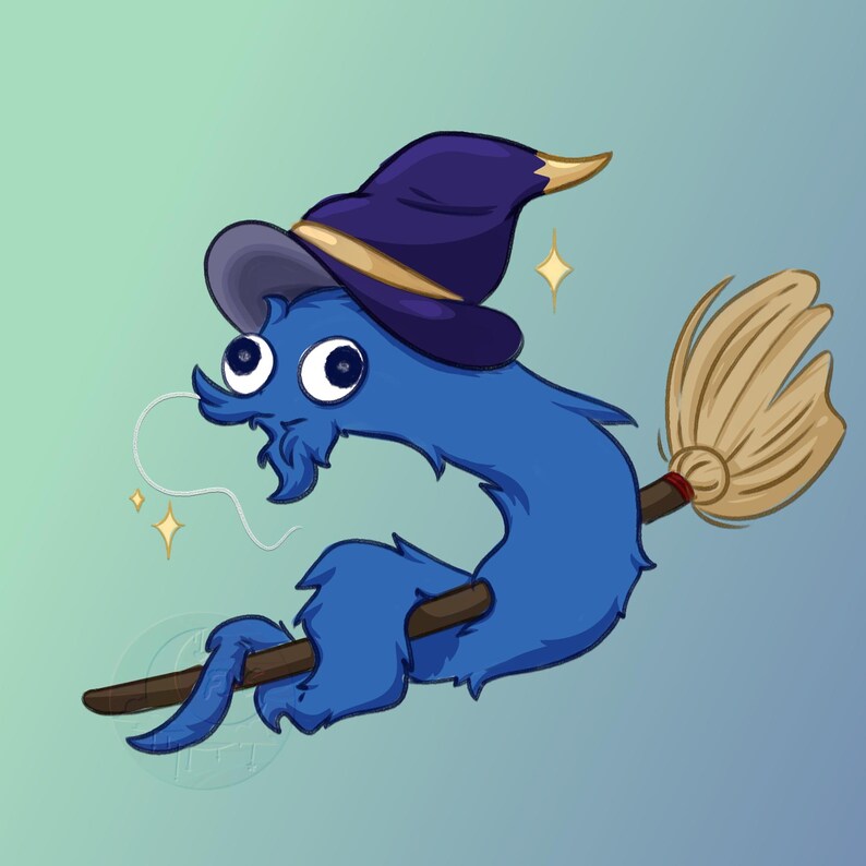 May include: A whimsical illustration of a blue creature with large eyes, a beard, and a wizard hat, riding a broom. The creature is furry and has a long, serpentine body. The broom has a wooden handle and straw bristles.