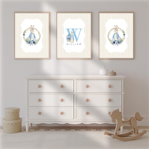Peter Rabbit Nursery Wall Art – Beige Stripe Bunny Name Print Set – Custom Baby Room Decor – Floral Wreath – Digital Download Art