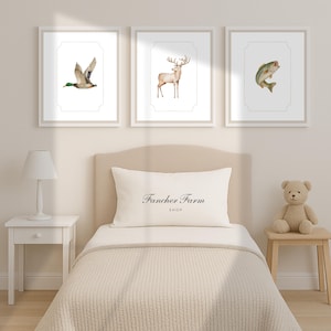 Rustic Nursery Wall Art Set of 3 – Duck, Deer & Bass Animal Prints for Boys Room – Minimalist Hunting Theme – Instant Digital Download