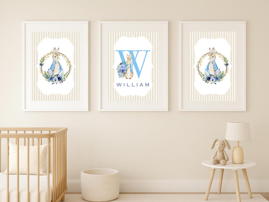 Personalized Peter Rabbit Name Print Set – Blue Floral Nursery Wall Art ...