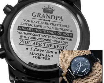 Engraved Watch for Grandpa, Personalized Black Chronograph, Heartfelt Gift for Grandfather, Birthday, Father’s Day, Christmas Keepsake