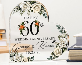 Personalized 60th Wedding Anniversary Heart Plaque, Custom Acrylic Gift for Parents or Grandparents, Parents' Diamond Anniversary Keepsake