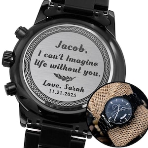 Personalized Black Watch for Him, Custom Engraved Men’s Watch with Message, Anniversary Gift, Birthday Gift, Valentine’s Gift for Husband