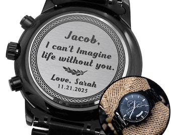 Personalized Black Watch for Him, Custom Engraved Men’s Watch with Message, Anniversary Gift, Birthday Gift, Valentine’s Gift for Husband