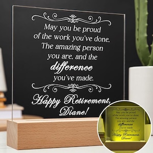 Personalized Retirement Gift, Custom Acrylic Plaque with Wooden Base, Engraved Retirement Keepsake for Coworker, Boss, Teacher, Nurse