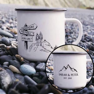 Personalized Adventure Mug for Couples, Custom Enamel Camping Mug with Names & Date, Hiking Gift, Outdoor Travel Mug, Anniversary Keepsake