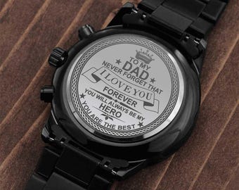 Personalized Dad Watch, Engraved Black Stainless Steel Timepiece, Father’s Day Gift, Birthday Gift for Hero Dad, Watch for Dad, Gift for Men